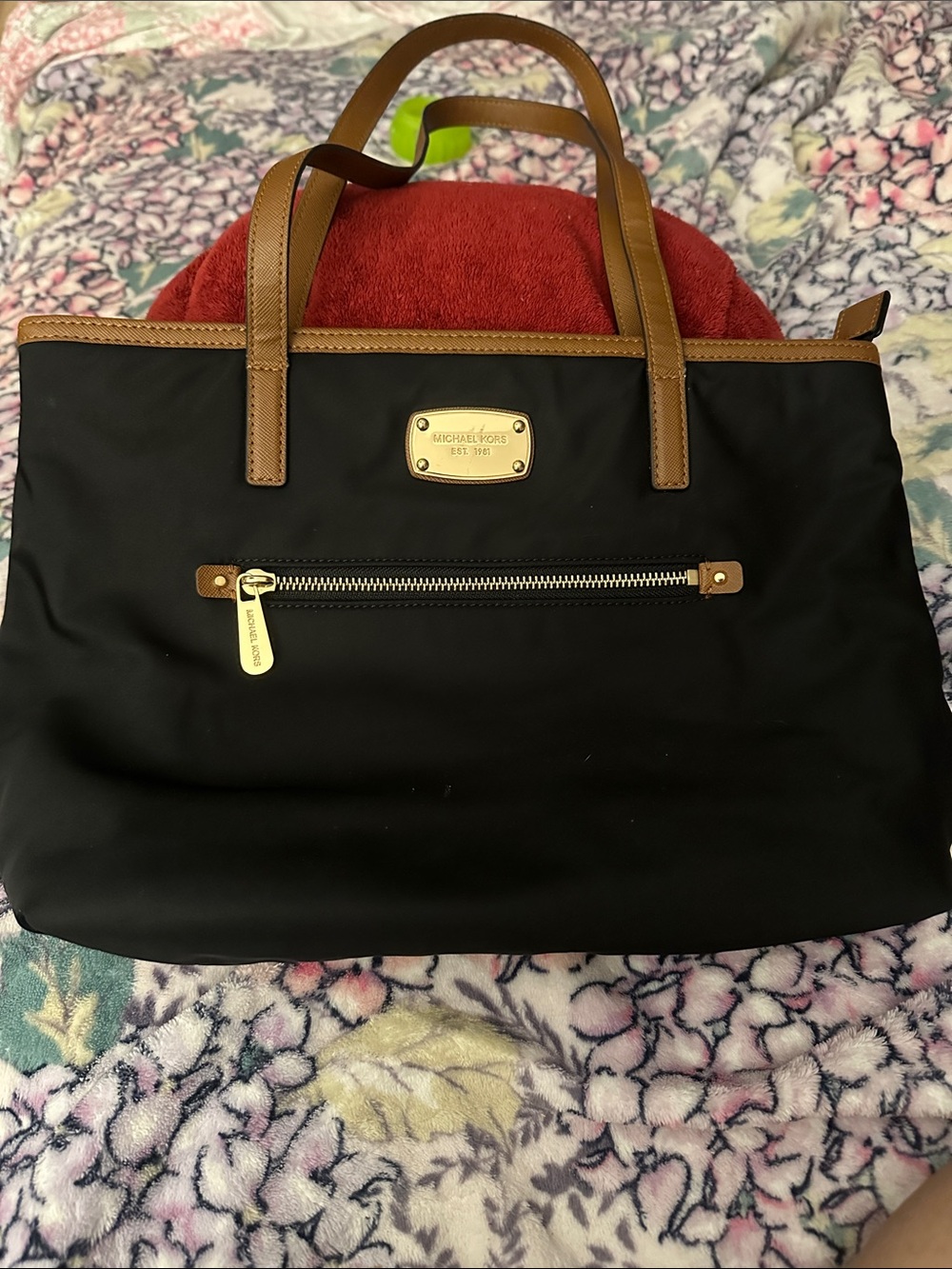 Michael Kors Black Nylon Tote with Brown Leather Trim and Gold Hardware EUC